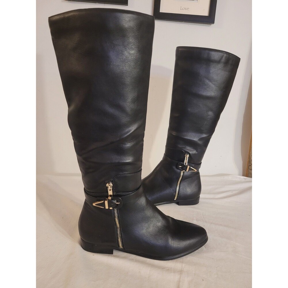 Wmns Black Riding Boots Inside Zipper Outside Gold Buckle Accent Sz 9M